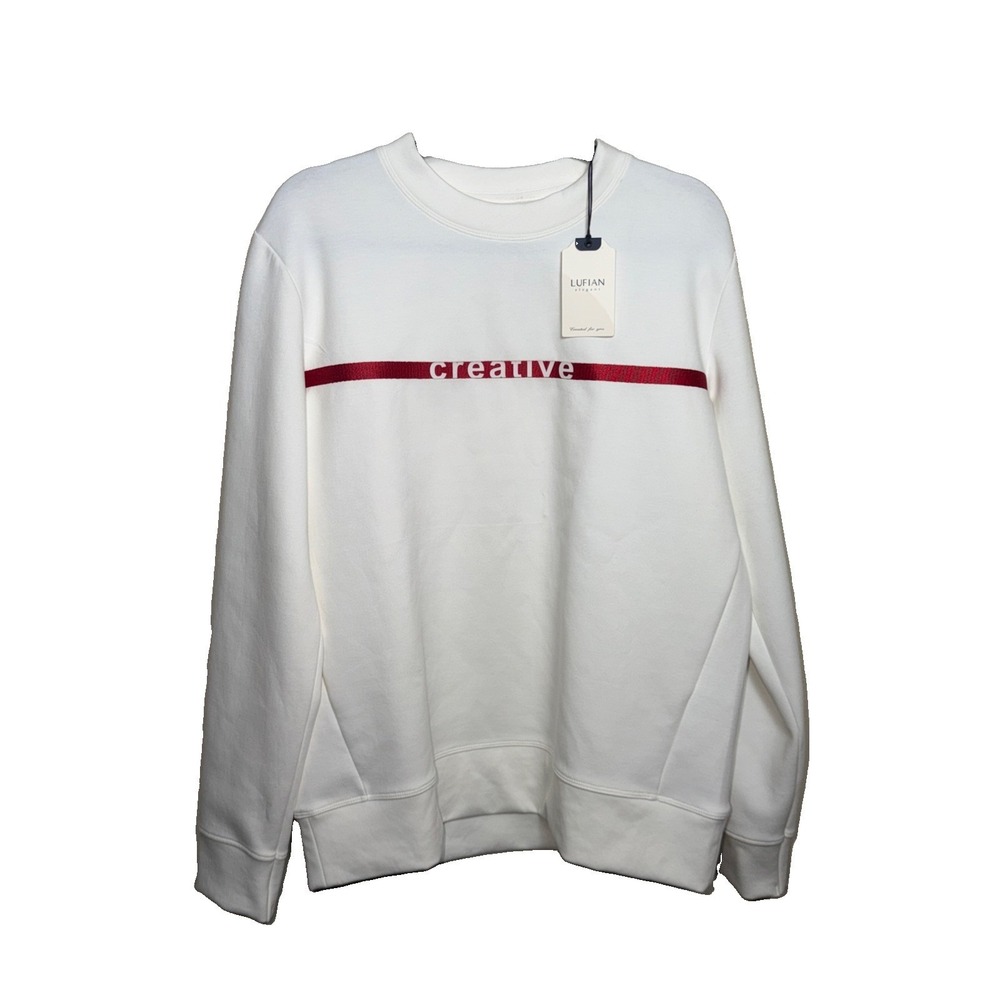 Lufian Elegant Men Crewneck Sweatshirt NWT White Red Creative Tape Graphic M